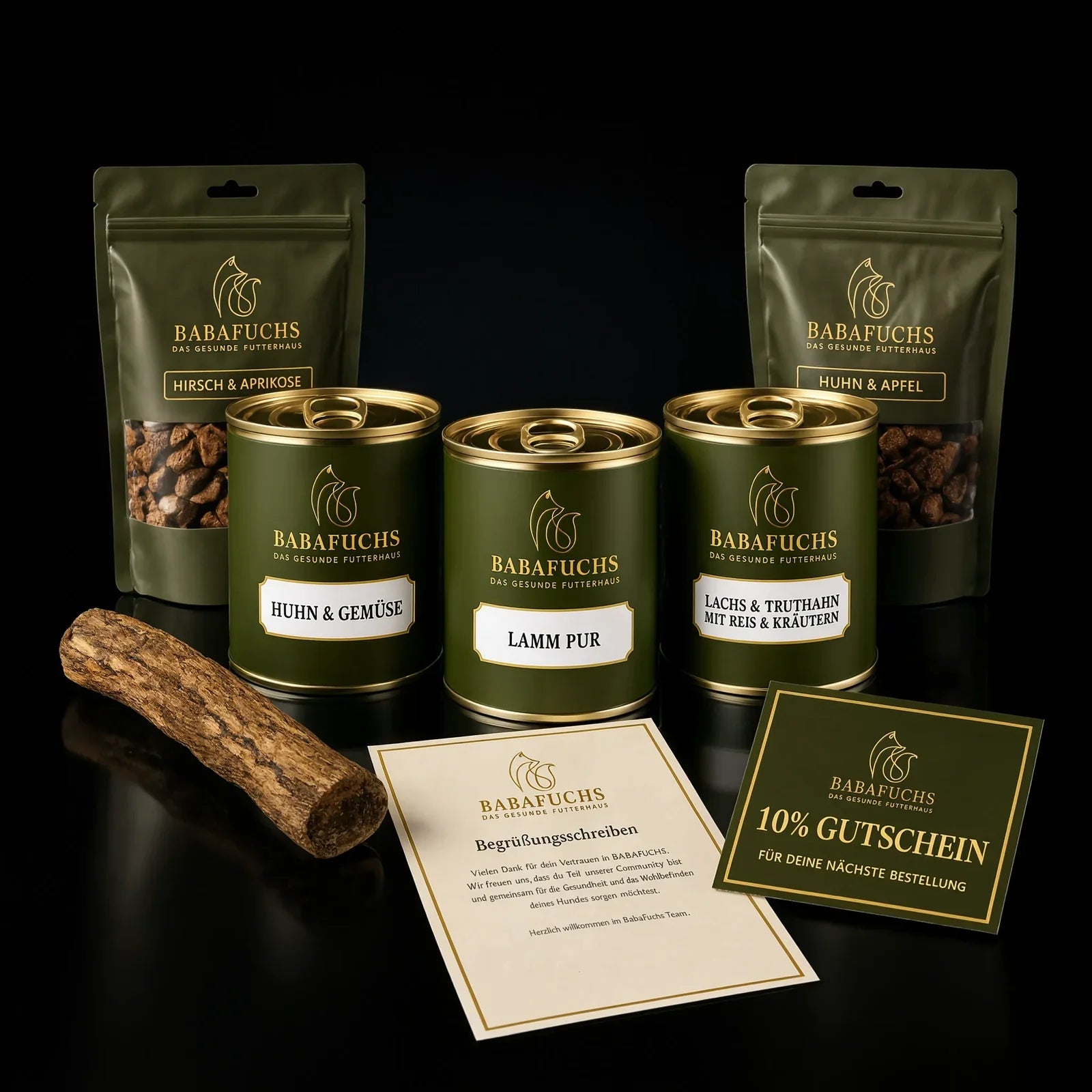 BabaFuchs Hundefutter-Box mit Futter, Snacks und Extras