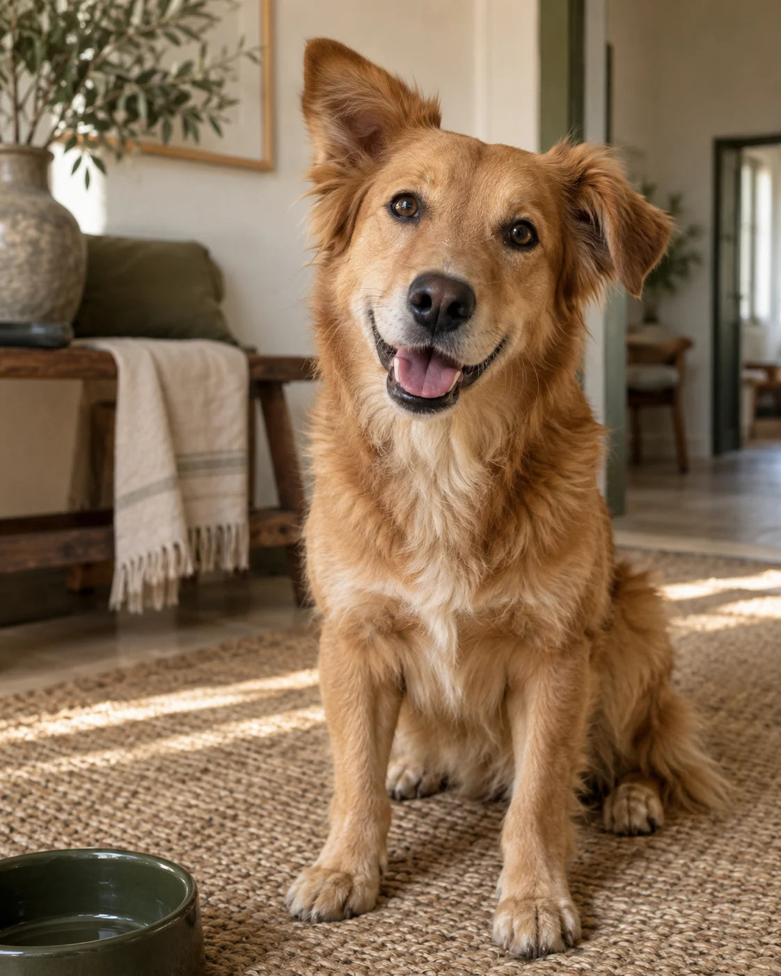 Goldbrauner Hund neben seinem grünen Napf im Wohnzimmer